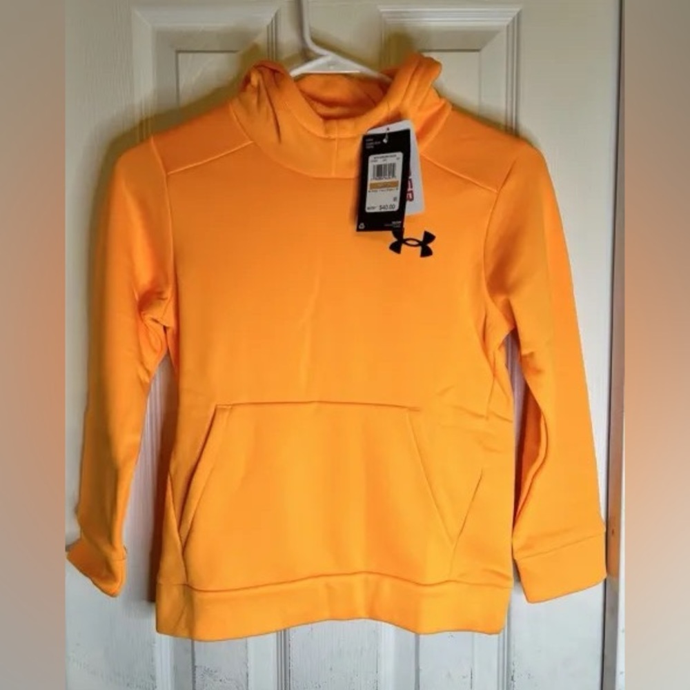 Under Armour Hoodie Boys Youth Small Orange Pullover Logo Sweatshirt